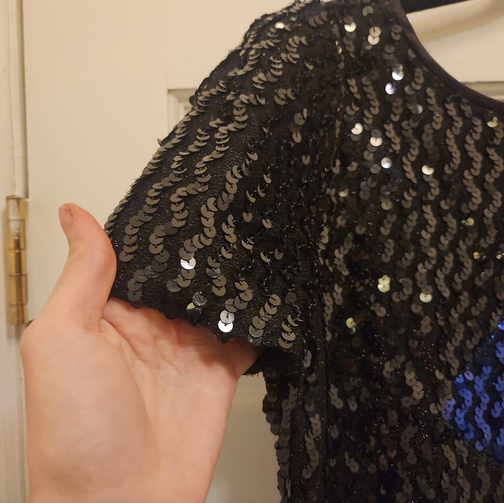 Vintage 70s 80s Black Sequin Cocktail Party Dress L - Picture 3 of 7